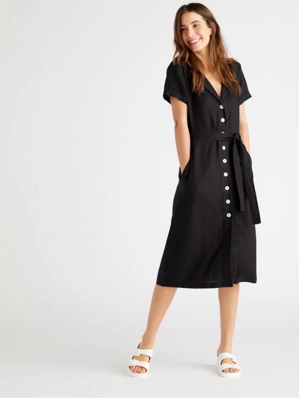QUINCE 100% European linen black button front camp midi dress S